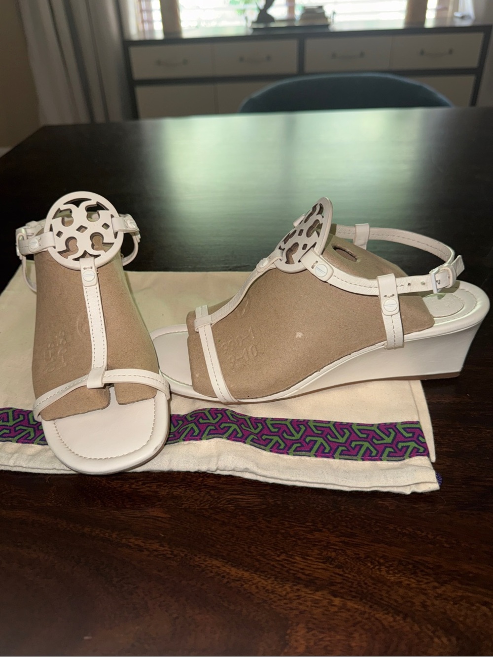 Tory Burch White Leather Logo T-Strap Wedge Sandals 9
